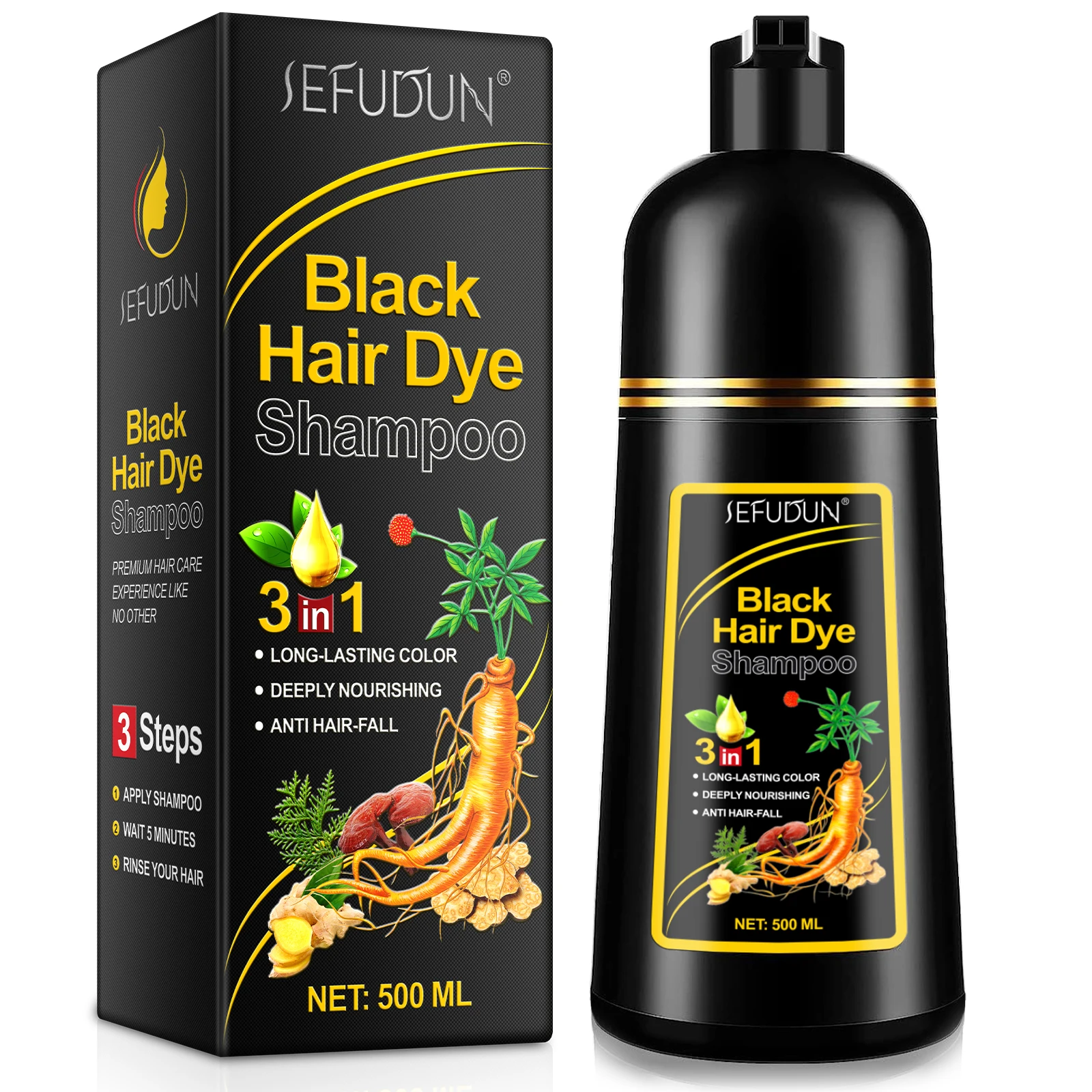 

SEFUDUN 500ml Natural Herbal Instant Hair Coloring Shampoo Bulk 3 In 1 Black Hair Dye Shampoo for Women Men