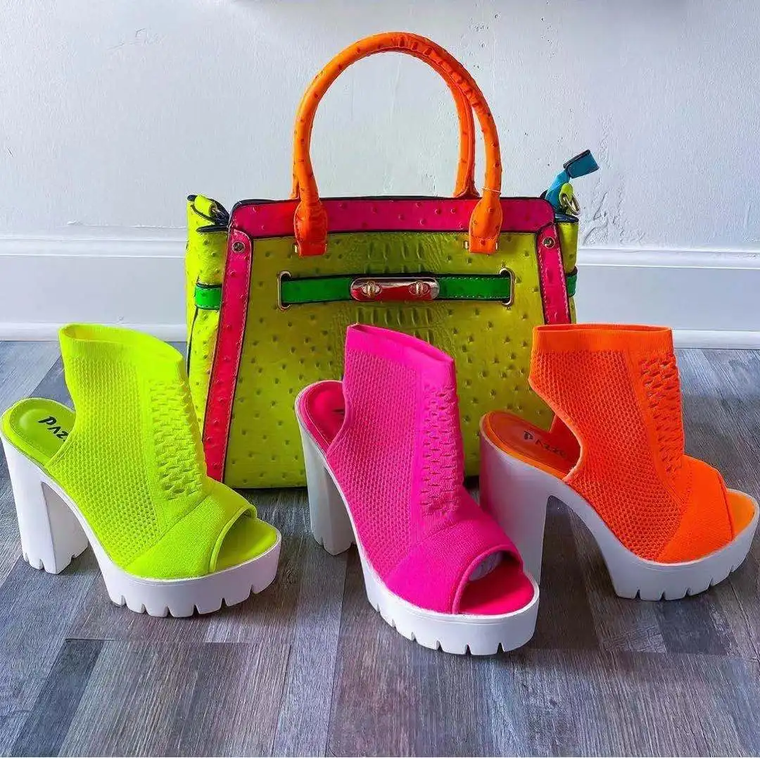 

2021 Fashion Hollow out knitting Women pumps Peep-toe pumps chunky heel sandals for ladies, Black,orange,yellow,rose red