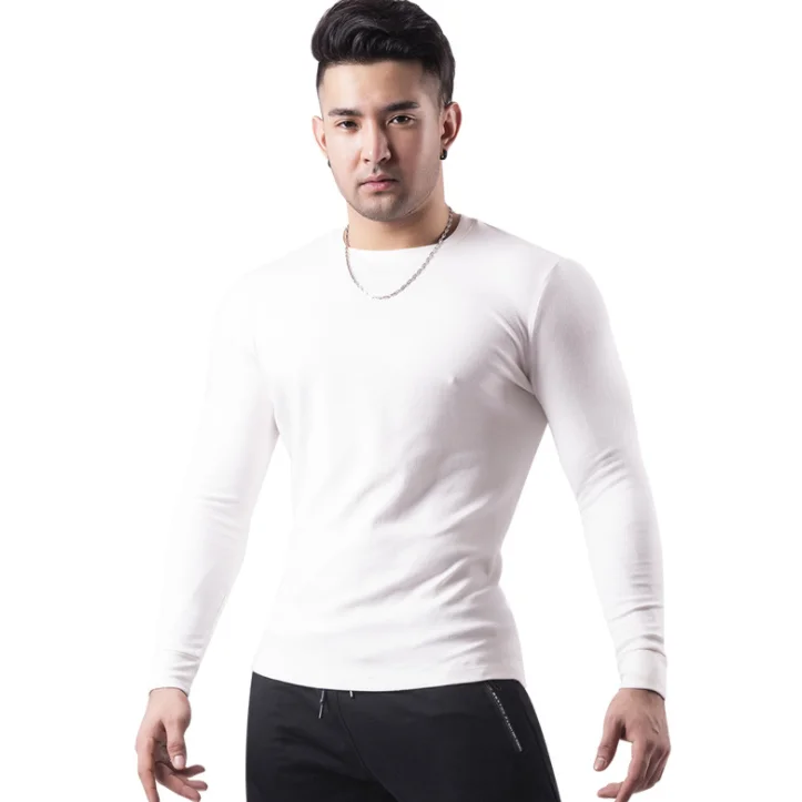 

wholesale long sleeve gym fitted 95% cotton 5% spandex t shirt men long sleeve