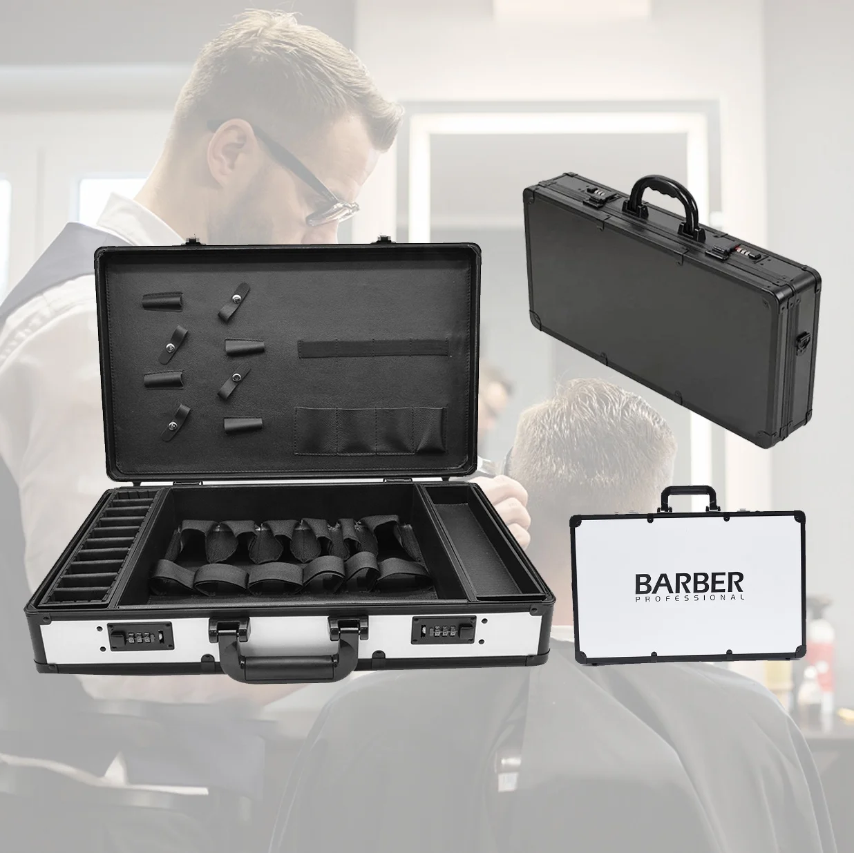 

Professional Barber Tools Suitcase Custom logo Portable Aluminum Barberia Box Barberio Briefcase with Passwords / Key Locked