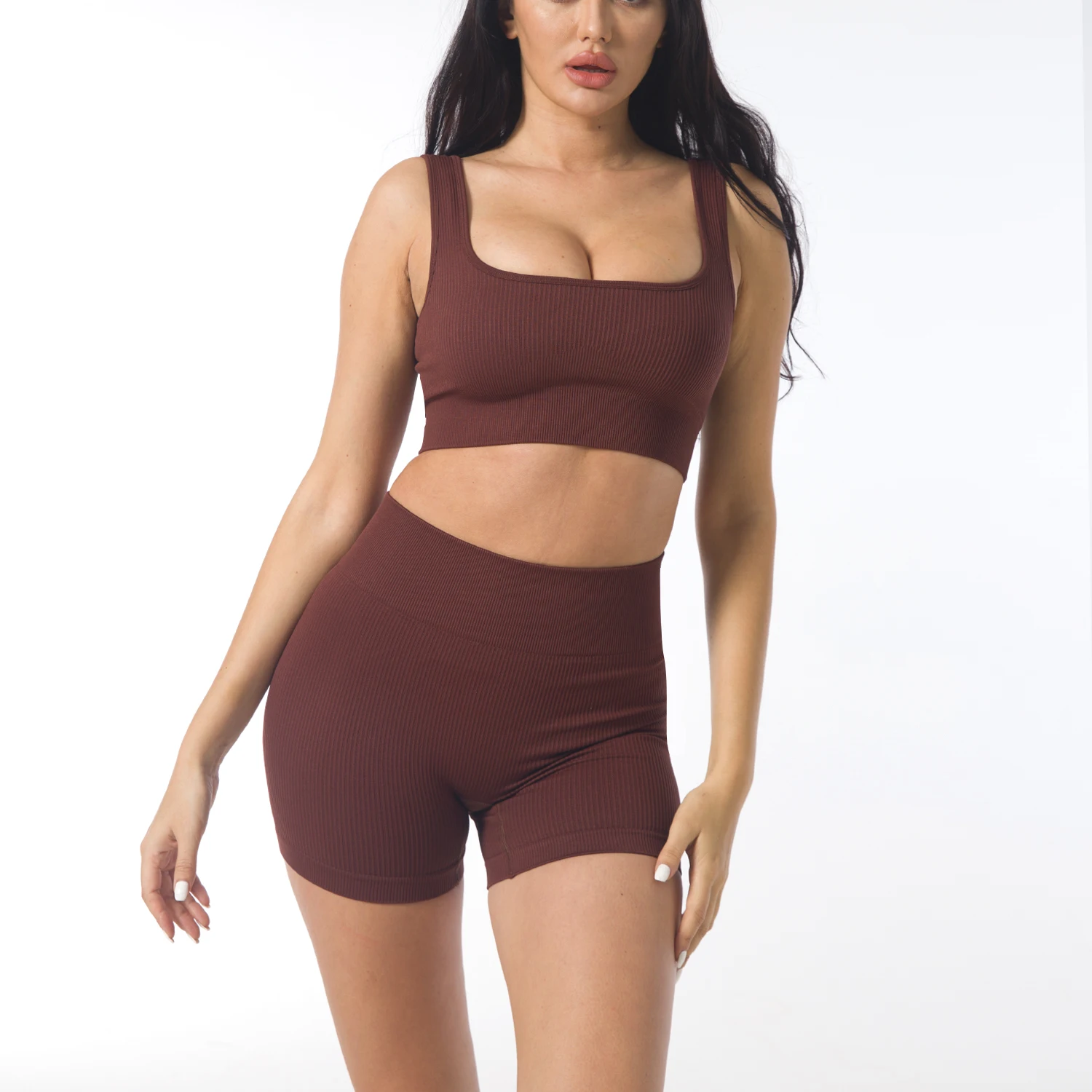 

2021 Seamless 2 Piece Wholesale Logo Yoga Suit Women Gym Active Fitness Shorts Bra Wear Yoga Set