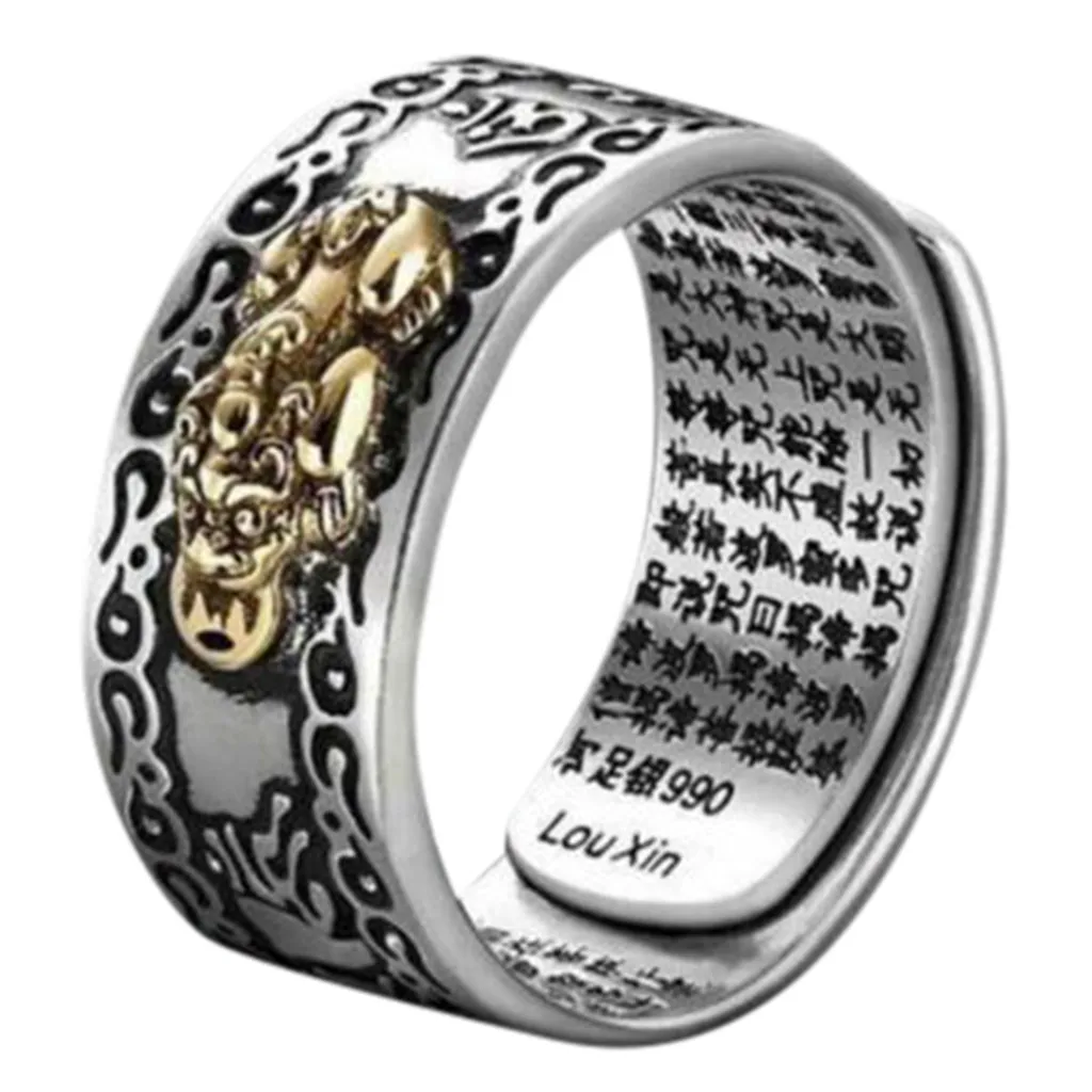 

Men Pixiu Charms Ring Feng Shui Amulet Wealth Lucky Open Adjustable Ring Buddhist Jewelry, Picture