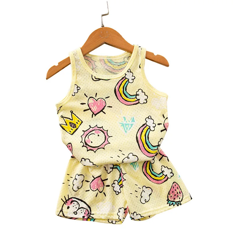

Wholesale Summer children's clothing boys and girls sleeveless cartoon printed vest shorts two-piece suit kids summer vest, As pic