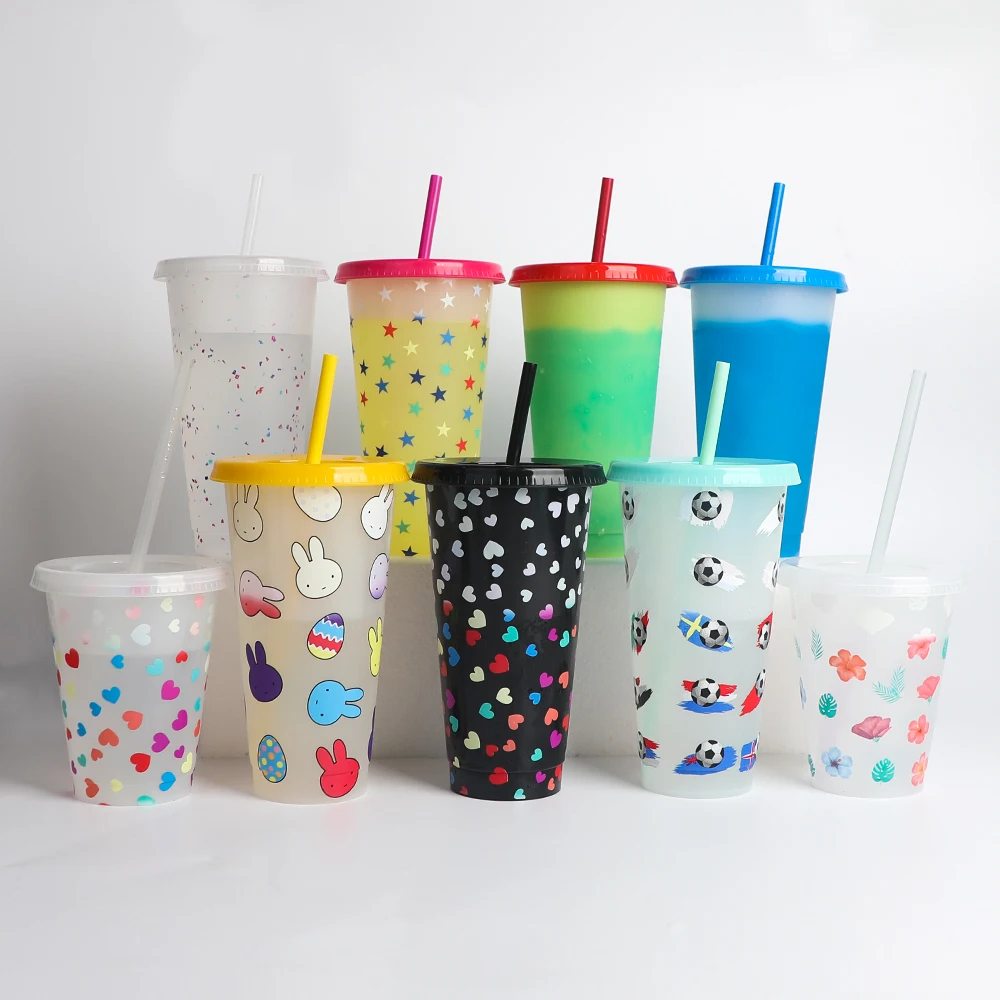 

Ice coffee clear tumblertransparent mug reusable plastic cold drinking colour changing cup with lid and straw, Customized color