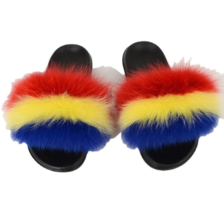 
Women Real Fox Fur Slides Slippers Home Furry Flat Sandals Girls Cute Fluffy House Shoes 