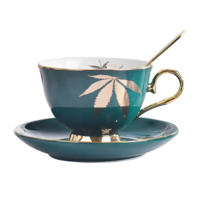 

Couple gift Gold handle mug high-end green ceramic saucer set factory direct coffee cup set