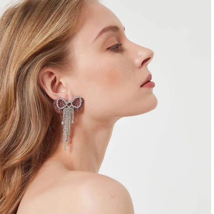 

danyuan Sweet girl heart pink bow tassel earrings bow butterfly crystal fringe earrings tassel for girl, Picture