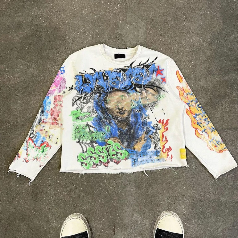 OEM Street Wear Custom Dtg Printed Men's 260 280 Gsm Crew Neck Cropped French Terry Cotton Long Sleeve t Shirt Graphic T-shirts