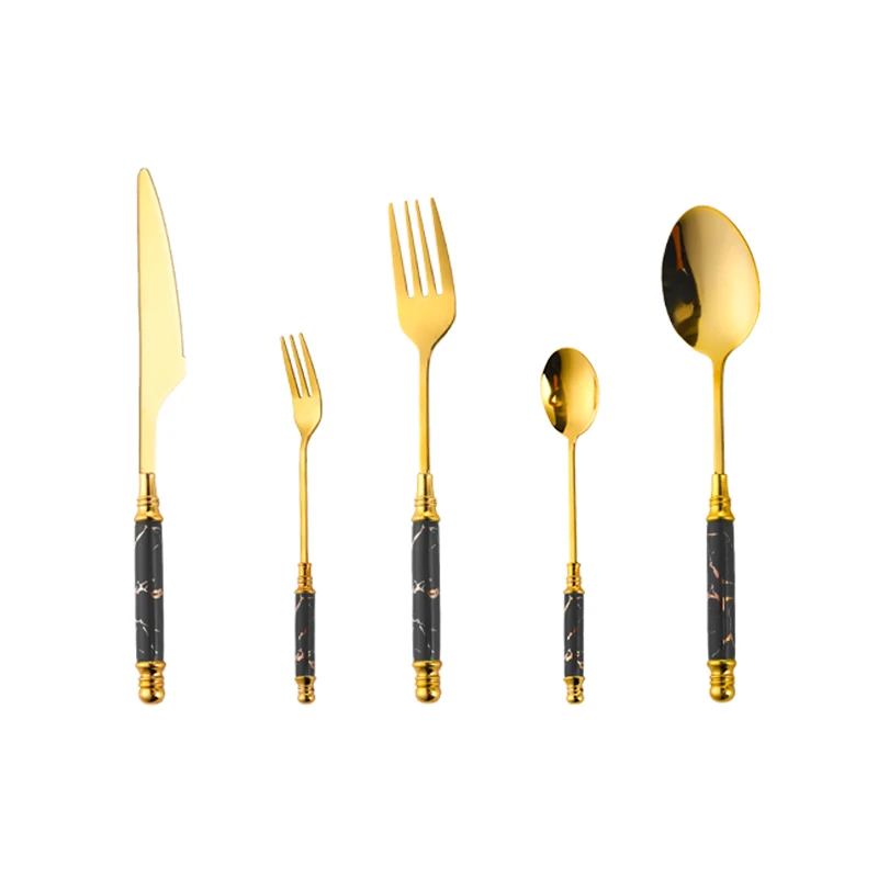 

Hot Selling Nordic Style talheres Shiny Gold cutlery set with white Porcelain Handle Stainless Steel flatware set, White/black/green/pink handle