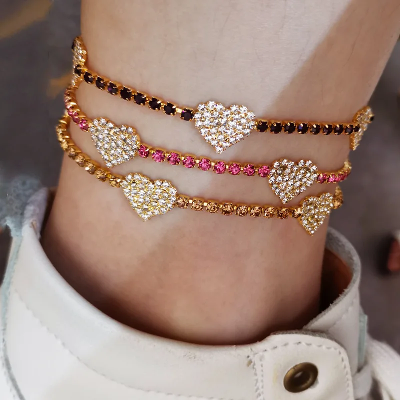 

HOVANCI Barefoot Jewelry Shiny Silver Rhinestone Heart Anklet Bracelet Rainbow Colored Crystal Heart Charm Anklet, Pink