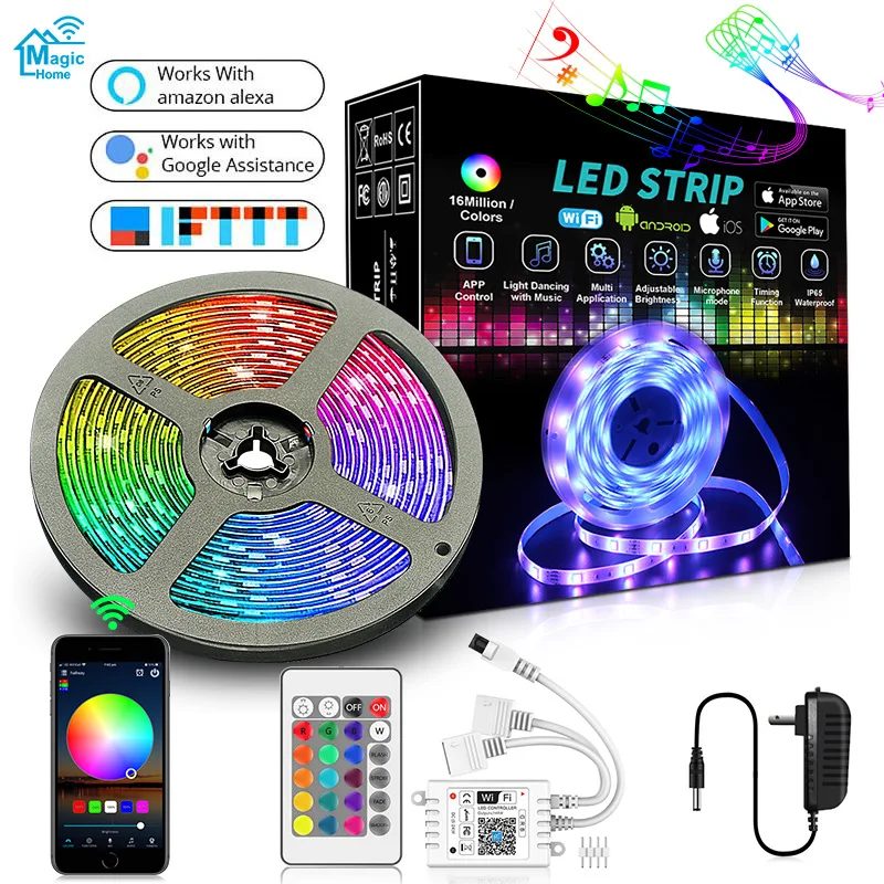 Home Brighter 5M 10M 15M 16 Million Colors Alexa Phone App Controlled Music Lamp Smart WiFi 5050 RGB LED Strip Lights for Home