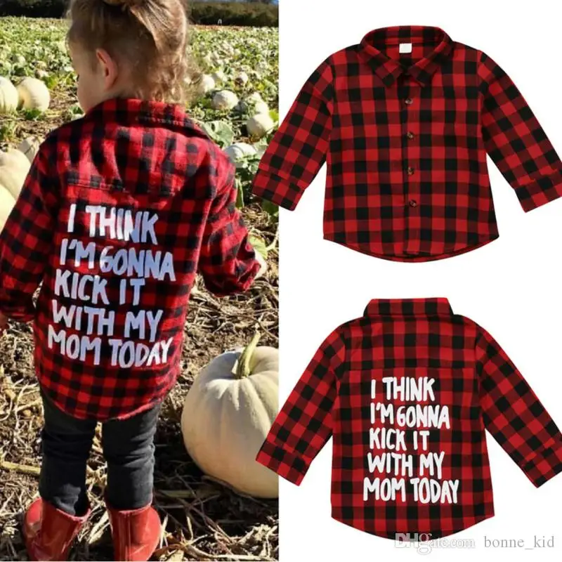 

GG333A boy girl long sleeve plaids shirt red black tops blouse casual cotton letter print kids outfit jacket clothing