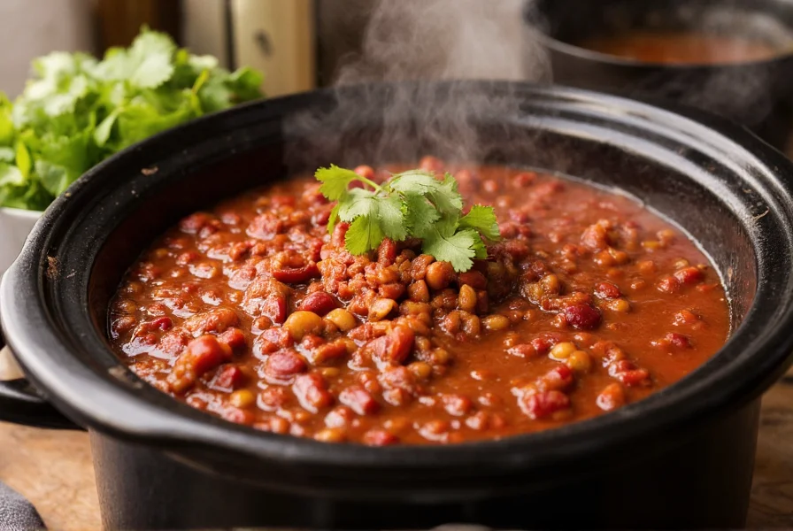 Slow cooker with rich red chili simmering, steam rising, fresh cilantro garnish on counter