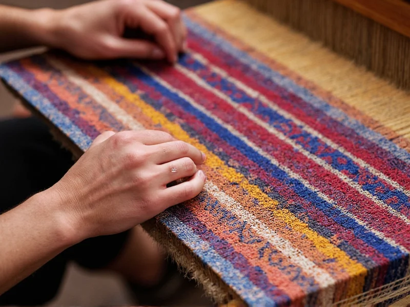 Close-up of artisan's hands weaving traditional textile pattern