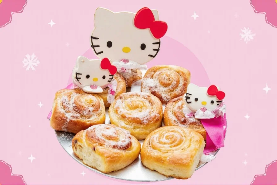 Step-by-step process for creating Hello Kitty cinnamon rolls with bow decoration