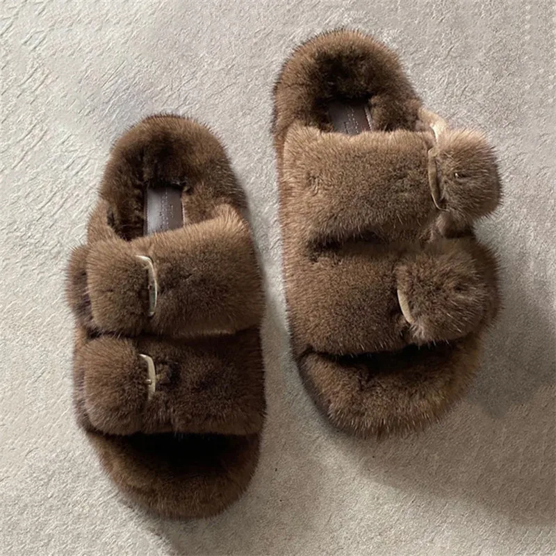 

hot selling Wholesale new design customized brown fur mink bedroom slippers, Customized color