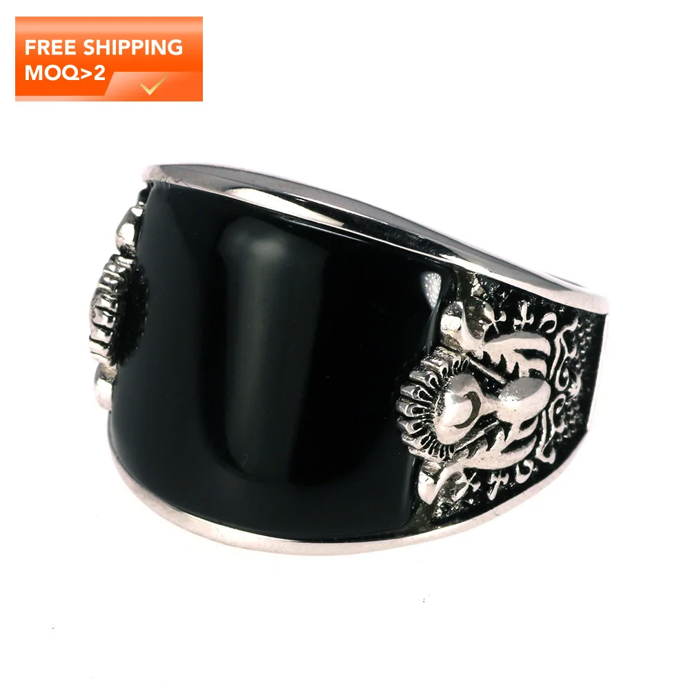 

Vintage Punk Rings With Natural Black Onyx Stone Unique Curved Surface Biker Rings For Men, Silver