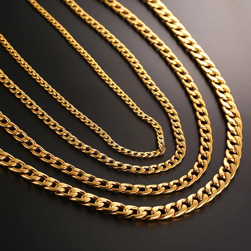 

Men's Cuban Link Chain Necklace Stainless Steel Gold Black Color Male Choker colar Jewelry Gifts for Him, Silver color