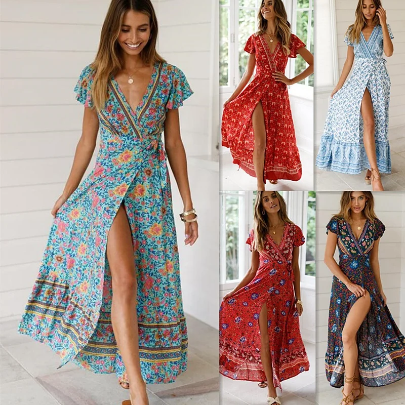 

2021 Hot Selling Women Boho Floral Ruffle Dress Beach Party Tunic V Neck Wrap Split Long Maxi Dresses Casual Beach Women Dress, As picture shown