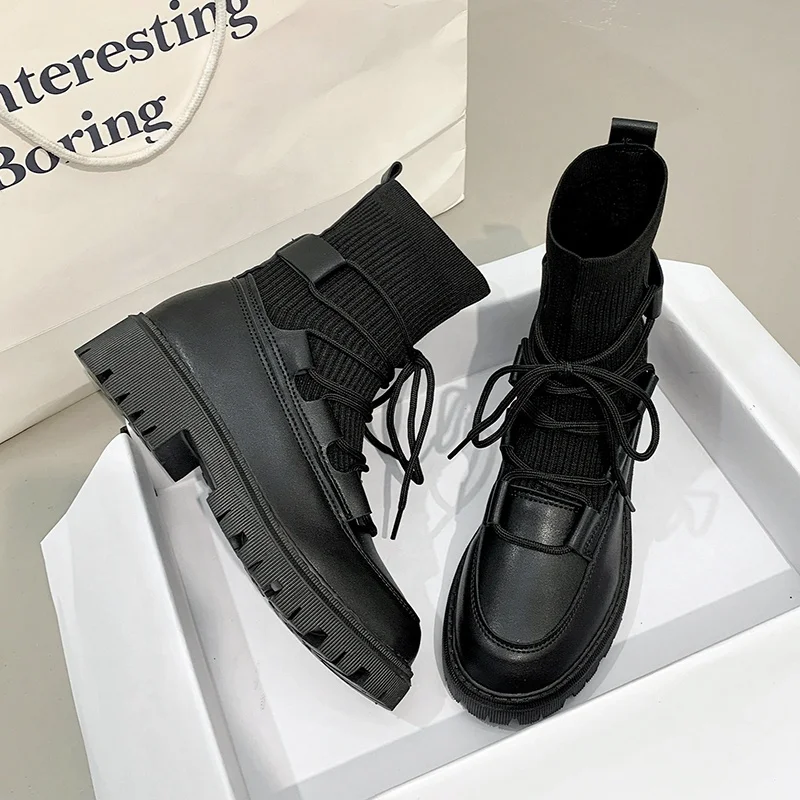 

Fashion Design Platform Boots Women Height Increasing Sock Boots Solid Color Shoes For Casual Ladies, Black