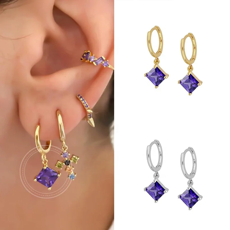 

INS White/Purple Square Zircon Pendant 925 Sterling Silver Hoop Earrings Round Circle Earrings, Gold and silver