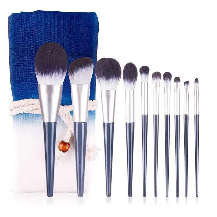 

New Portable Makeup Brush Makeup Tool Set 10 Blue Tapered Handle Makeup Brushes, Customized color