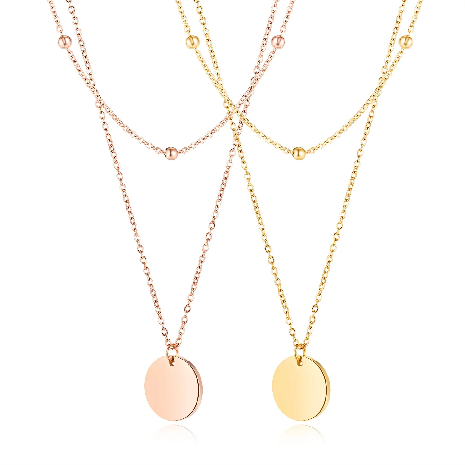 

Fashion Stainless Steel Jewelry Ins Blank Round Disc Double Chain Necklaces for Women