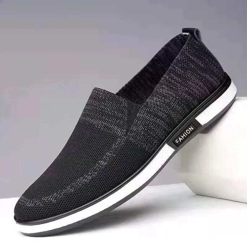 

Slip-on Mesh Breathable Summer Shoes Fly knitting Men's dress Casual loafer shoes, Grey/black