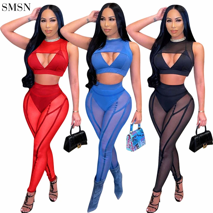 

Good Quality Solid Color Sexy Deep V Sleeveless Transparent Mesh Three Piece Set