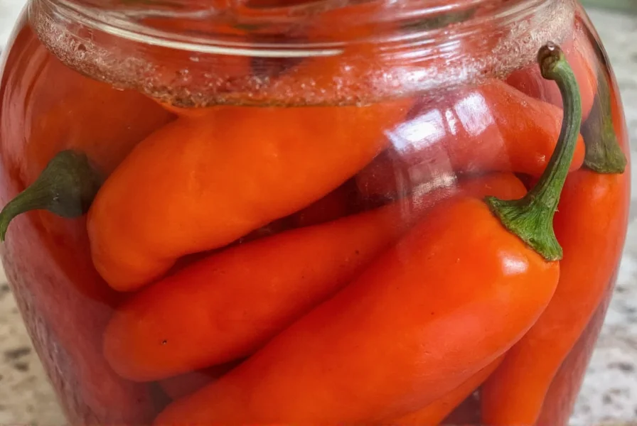 Finished fermented chili peppers in jar with visible bubbles indicating active fermentation
