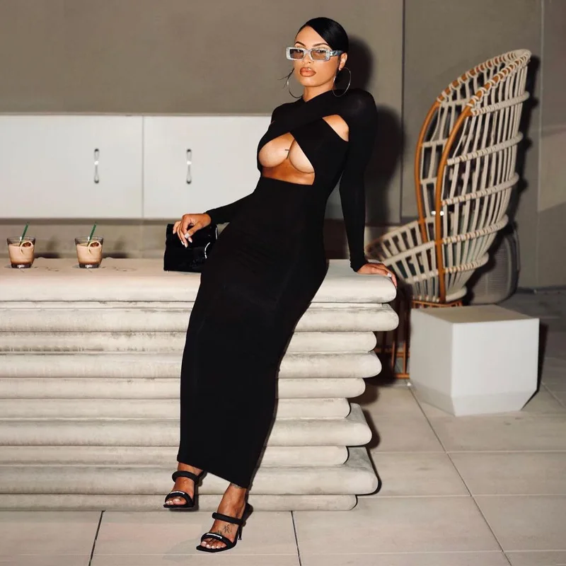 

Women Fall Party Club Outfits Black White Bodycon Sexy Cross Hollow Out Long Sleeve Maxi Dresses, White / black