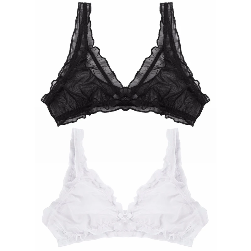 

iEFiEL Women's Mesh Lace Sheer Underwear See Through Ruffle Triangle Bra Lingerie Underwear Wire-Free Unlined Bra