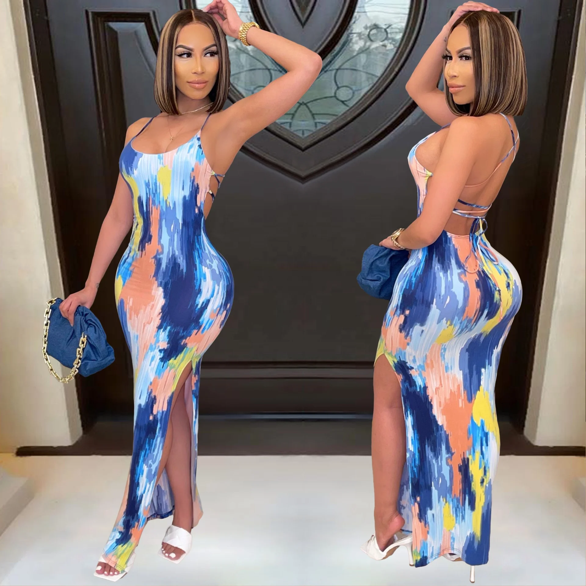 

Women's Summer Casual Boycon Dresses Sleeveless Tie Dye Beach Long Maxi Dress