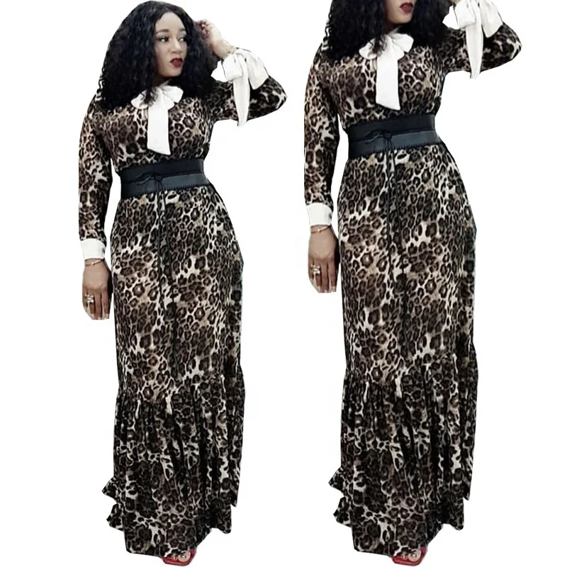 

Fashion  Elegant Stand Neck Long Sleeve Leopard Maxi Party Dresses Women