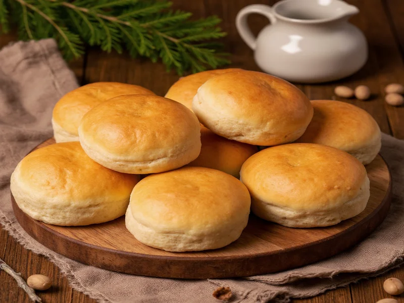 Golden homemade dinner rolls arranged on rustic wooden board
