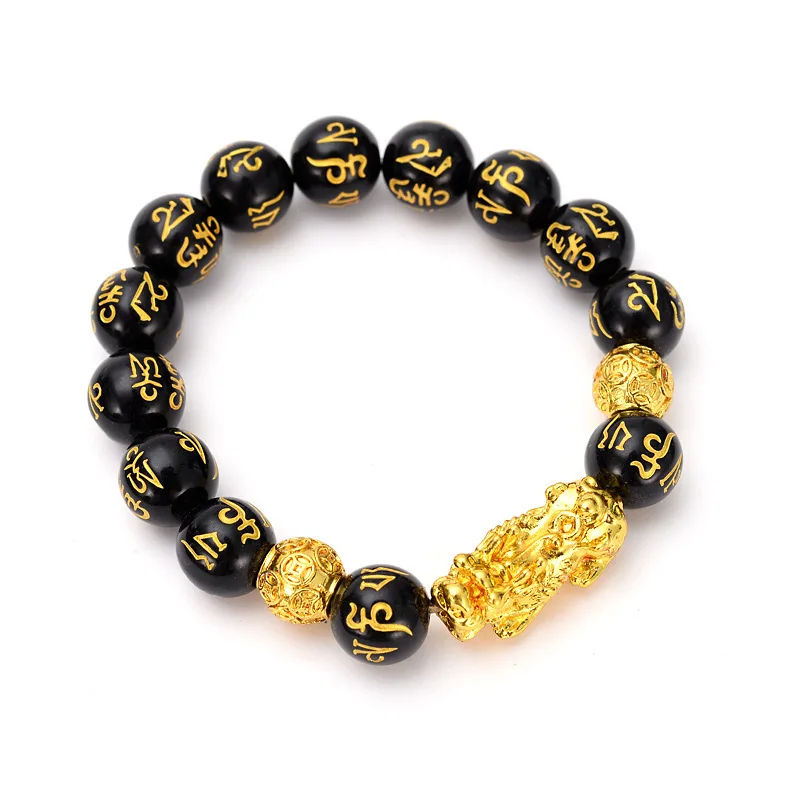 

Wholesale Beads Bracelet Charm Black Obsidian Wealth Feng Shui Pixiu Real Gold Plated Black Buddha Beads Bracelet For Men