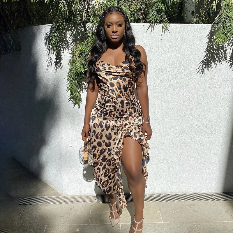 

Women Leopard Print Shirt Dress Sexy Sling Low-Cut Open Back Slim High-Waist Casual Long Irregular Silk Dress Women Summer