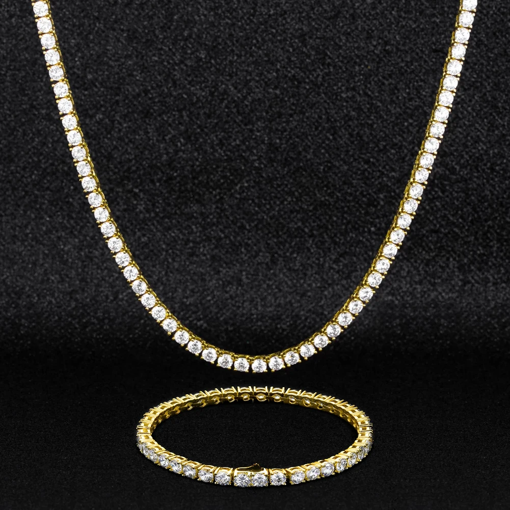 

KRKC Drop Shipping 1pcs Service 3-5mm 14K Gold Plated CZ Diamond Tennis Bracelet and Necklace Set Jewelry Choker Tennis Chain