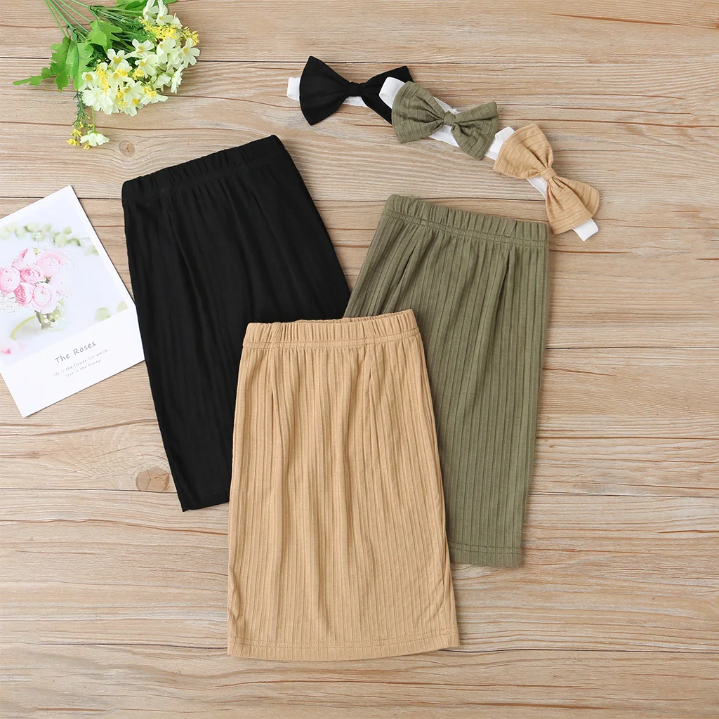 

China Guangdong Manufacturer New Trend Item Solid Color Knee-Length Children Girl Casual Style Pencil Skirt with Headband