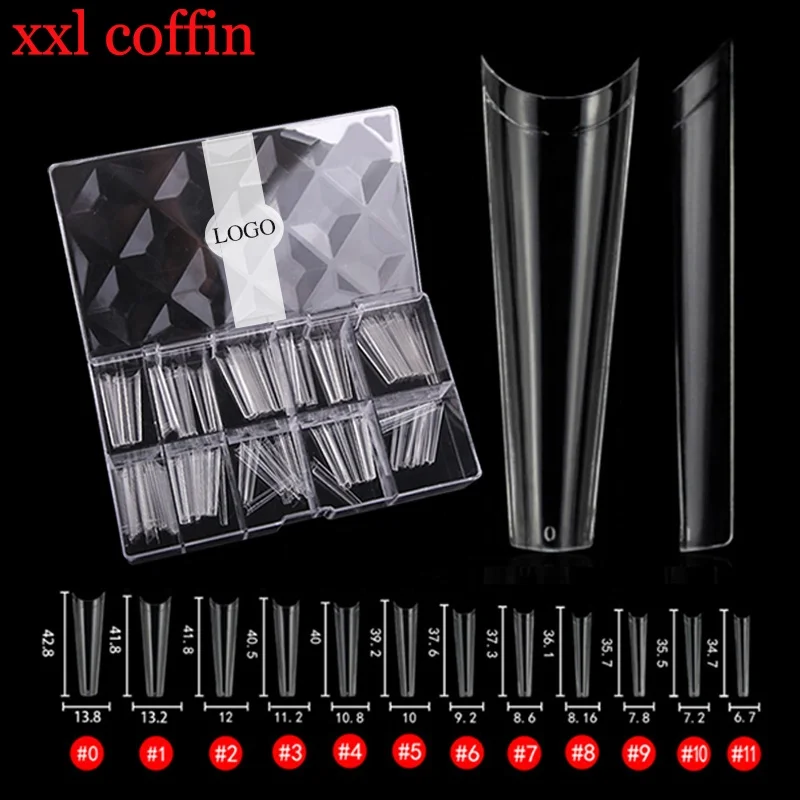 

C Curve Long False Nail Tip Half Cover Acrylic Nails Salon Supply Extension System Nail Art Tool XXL Coffin Tips, Clear