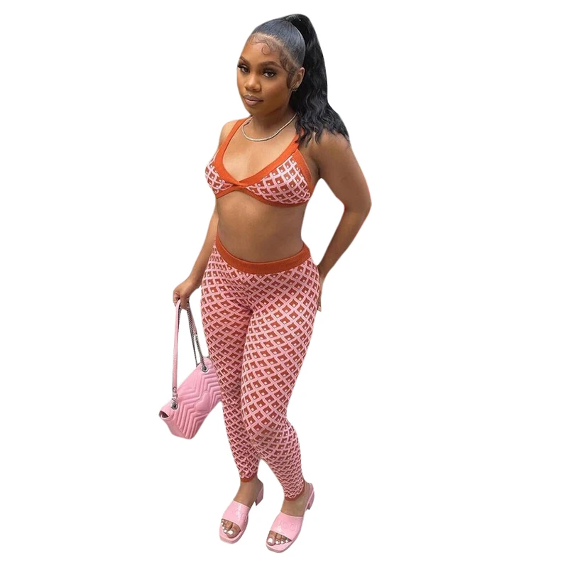 

Nibber K22S16668 Fashion Plaid Tight 2 Piece Set Women Sleeveless Crop Top+High Waist Pants Sexy Women Summer Set 2022.