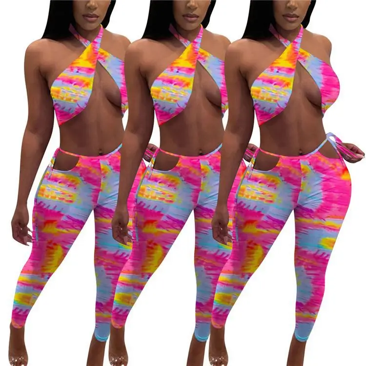 

AOMEI Halter Tie Dye Ensembles de femmes Two Piece Set Women Clothing 2021 Two Piece Pants Set Matching Sets