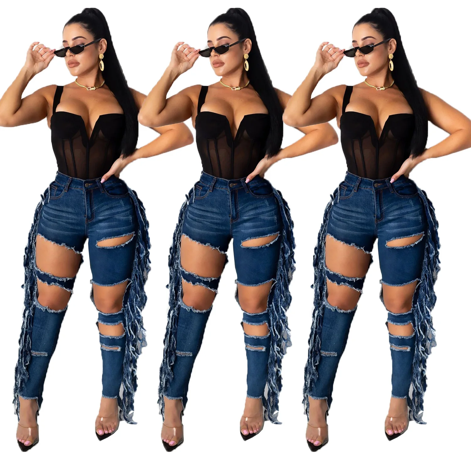 

trending products 2021 new arrivals summer dark blue pants fall tassel jeans(Q599)