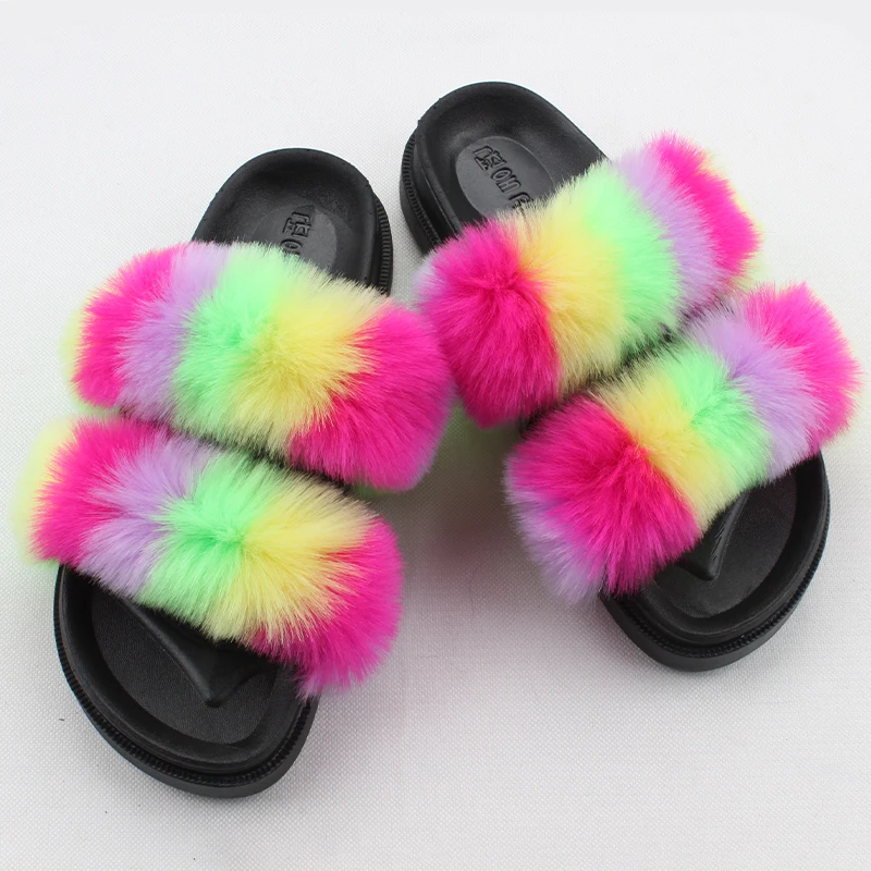 

Wholesale Fur Slides Women Colorful Faux Fur Slides Soft Ladies House two strap Fur Slippers, Customized color