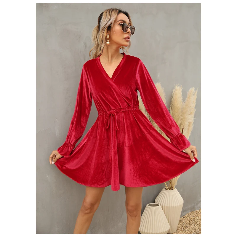 

New Arrival Women Casual Wear V neck Solid Velvet Skater Women's Winter Dresses, Shown,or customized color,provide color swatches