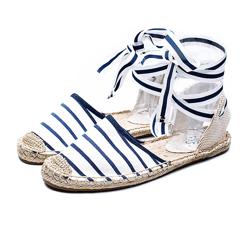 

2020 the women fashion cheap navy stripe upper ankle lace up soft insole espadrilles flat shoes