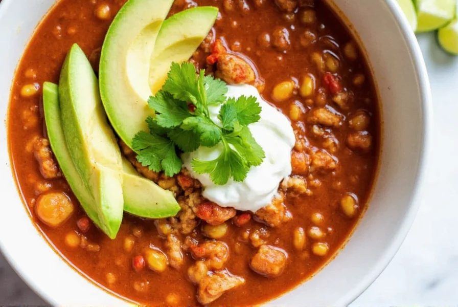 Finished chicken chili crockpot served in bowl with toppings like avocado, sour cream, and cilantro