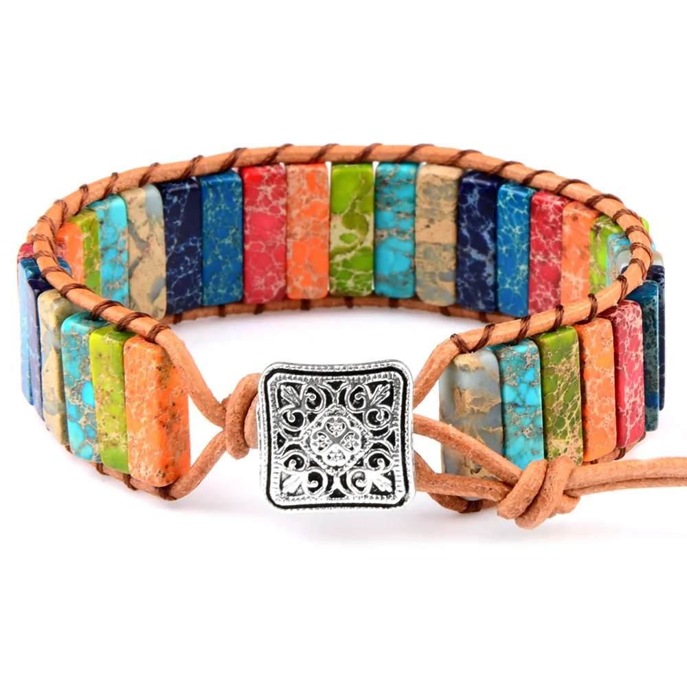 

Bohemia Handmade Tube Natural Stone Beads Leather Wrap Chakra Bracelet, Colors for choice