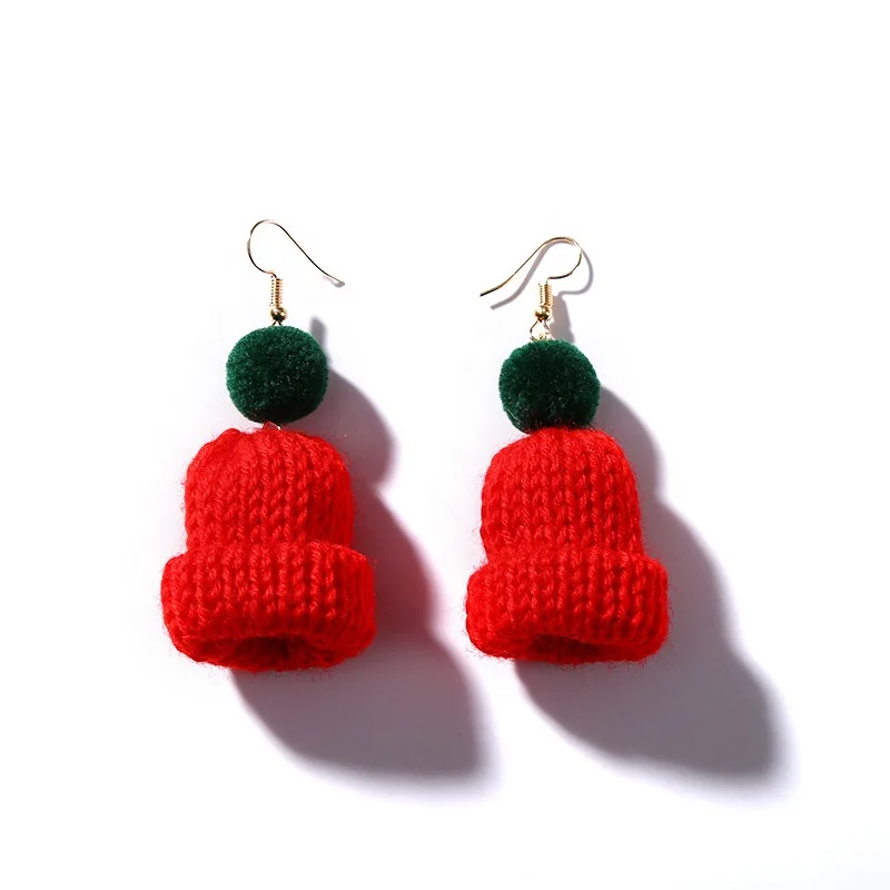 

Wool Ball Knit Hat Stud Earrings Cute Simulation Creative Acrylic Earrings Women Fashion Christmas Jewelry Accessories