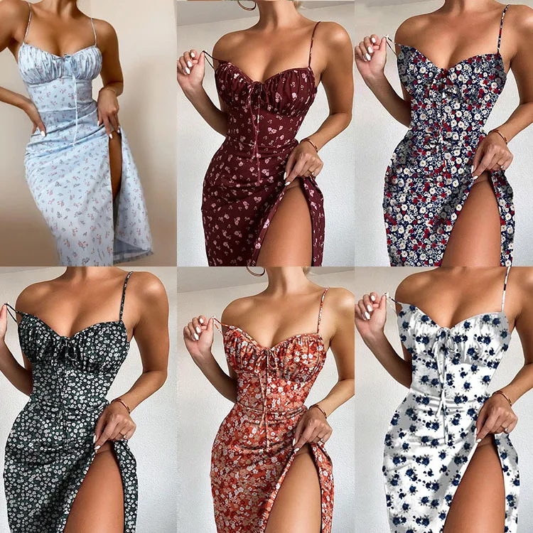 

Sexy Temperament Printed Sling Strap Ties On The Chest Halter Dress 2021 Explosive Dress Women